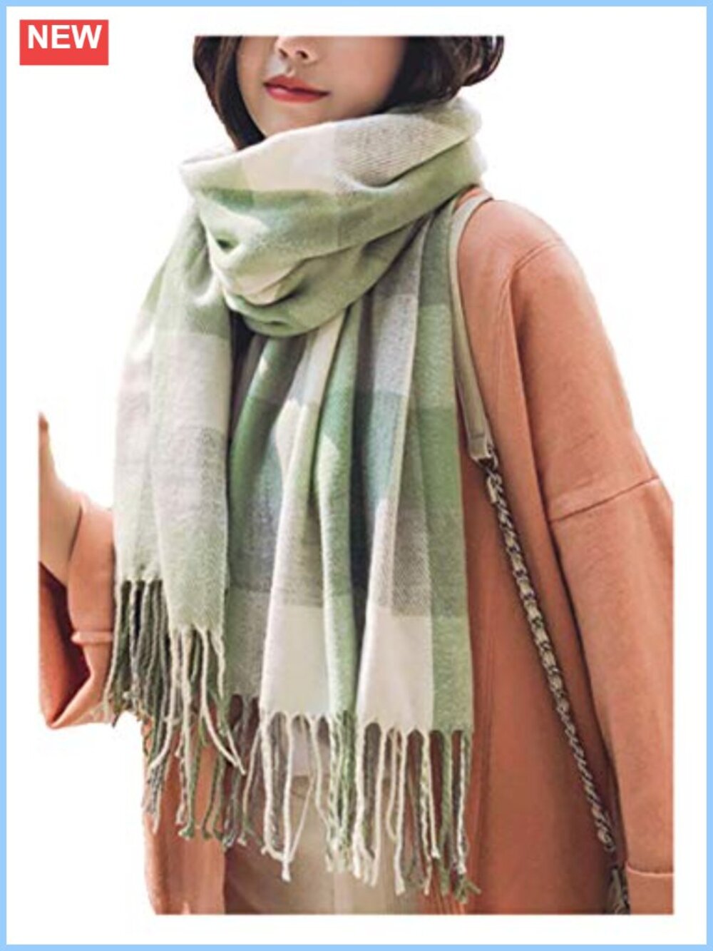 Long Plaid Cotton Knit Shawl Winter Thick Warm Tassel Scarf
